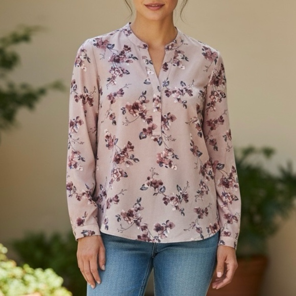 Hilary Radley Floral V-Neck Blouse Muted Rose Mauve XS